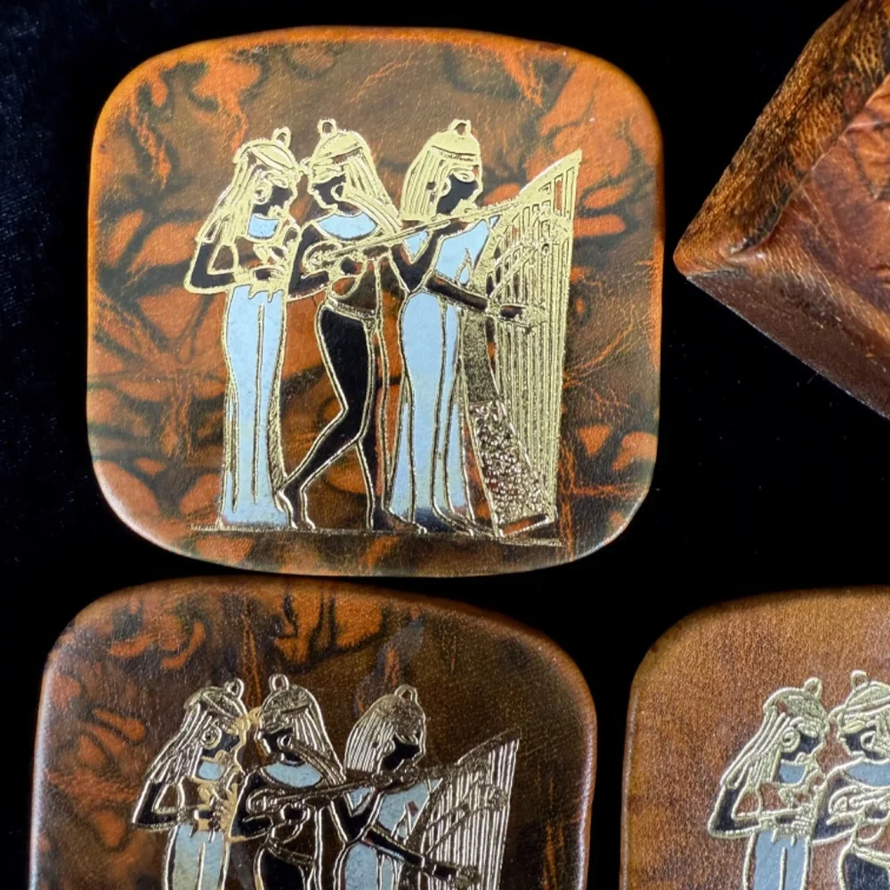 Vintage 6 Egyptian Goddess Leather Coasters in Holder Princess Pharaohs Wife